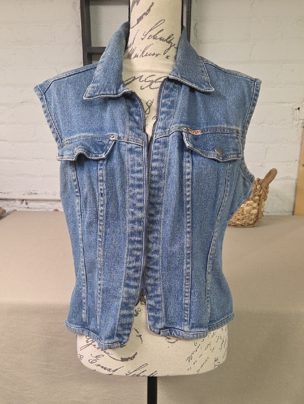 Express Light Wash Denim Vest with Chest Zip Vintage 90s - Picture 1 of 7